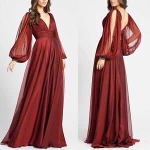 Mac Duggal Garnet Red Chiffon Open Long Sleeve A Line Maxi Formal Gown - Reemoly